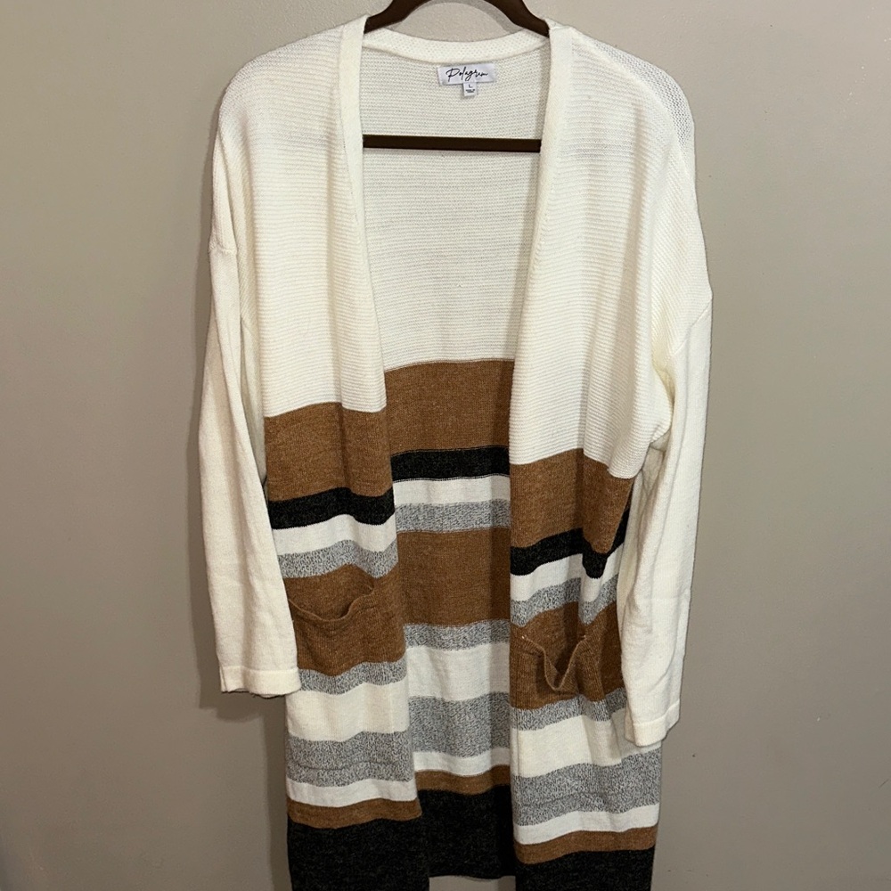 Polagram Striped Cardigan - Cream, Brown, and Gray.
